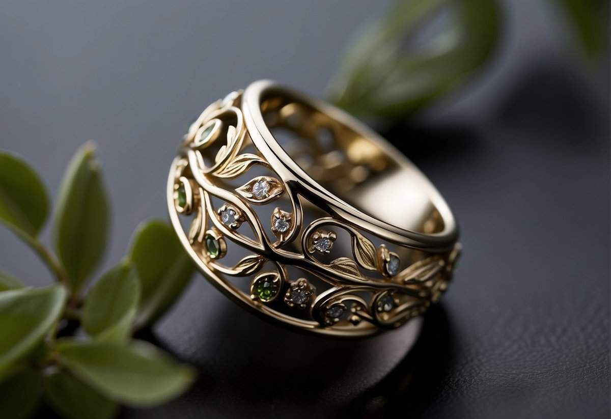 A wedding band with intertwining vines and leaves, symbolizing growth and unity. Delicate filigree details add a touch of elegance to the design