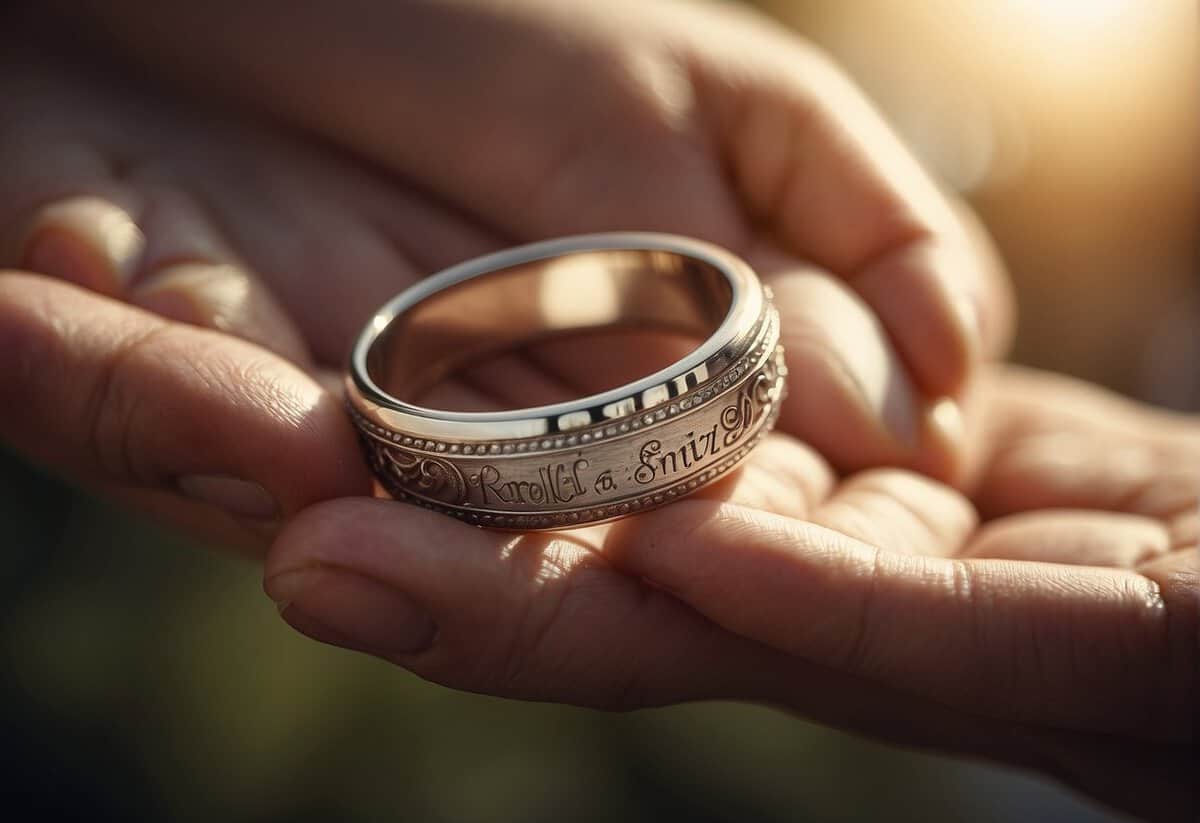 A hand reaches out, holding a wedding ring with a personalized engraving. The ring is delicately inscribed with meaningful words or dates