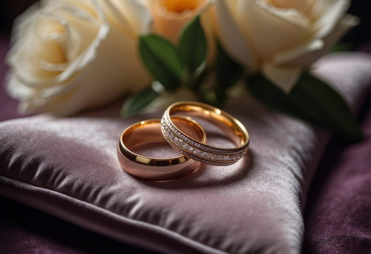 Two wedding rings with personalized engravings sit on a velvet cushion, surrounded by soft candlelight and delicate floral arrangements