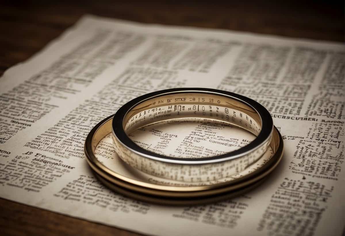 A table with various fonts and symbols laid out, a wedding ring in the center with a magnifying glass nearby for close examination