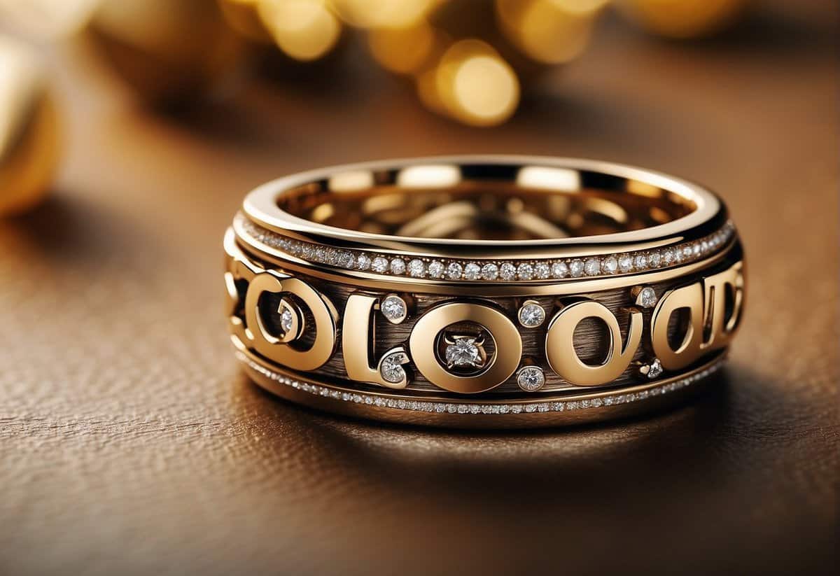 A wedding ring with inscriptions in various languages, surrounded by symbols of love and unity
