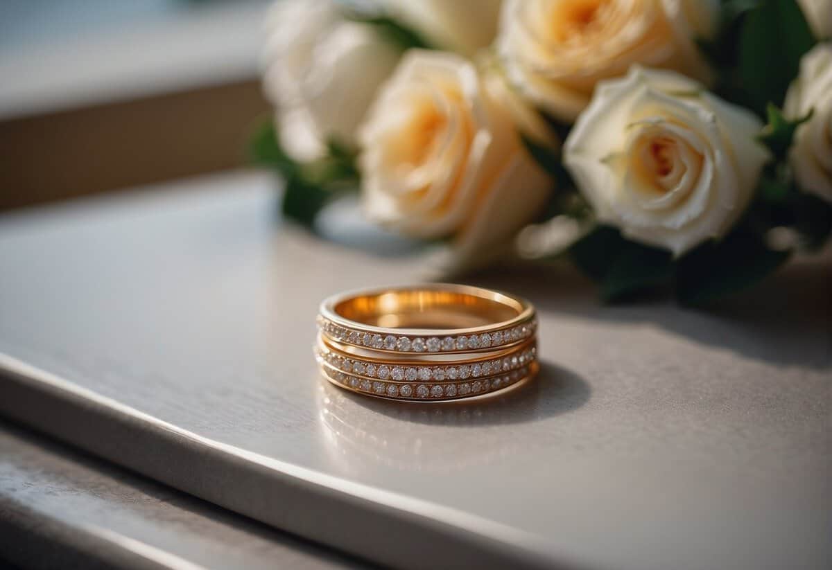 A table scattered with elegant ring designs, soft lighting, and a bouquet of fresh flowers in the background