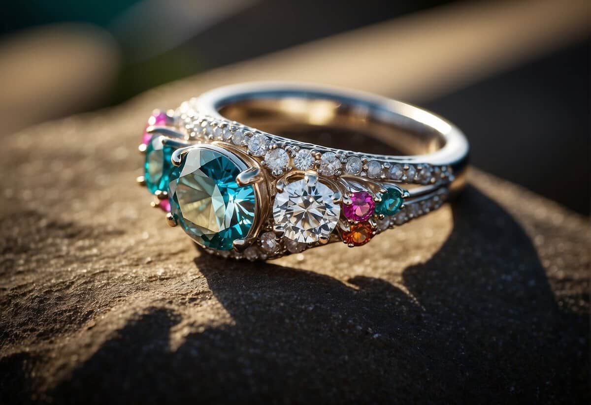 A sparkling diamond surrounded by colorful gemstones and intricate embellishments adorning a delicate wedding ring
