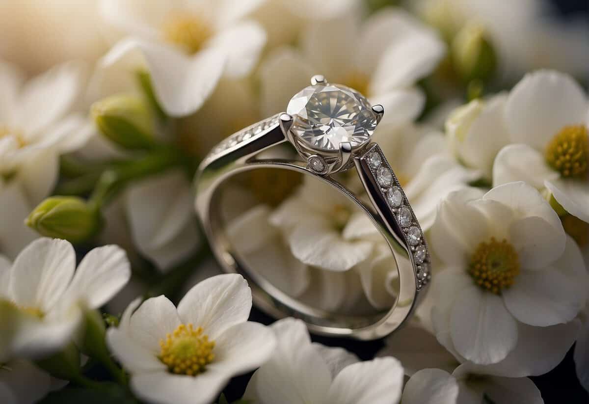 A diamond ring nestled in a bed of delicate flowers, with a personalized engraving visible on the band