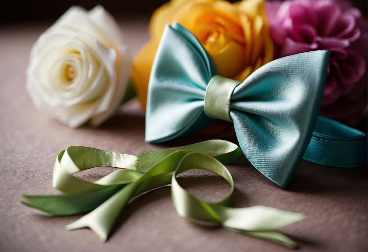 Colorful ribbons, elegant paper, and delicate floral accents adorn the wedding gift. A beautiful bow ties it all together, creating a stunning presentation