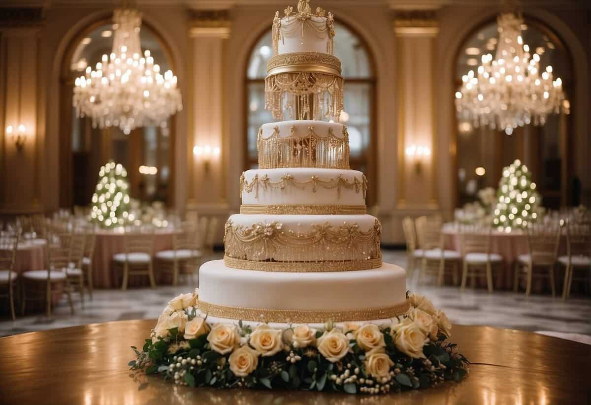 A grand ballroom adorned with cascading florals and crystal chandeliers, set with gilded place settings and a towering tiered cake