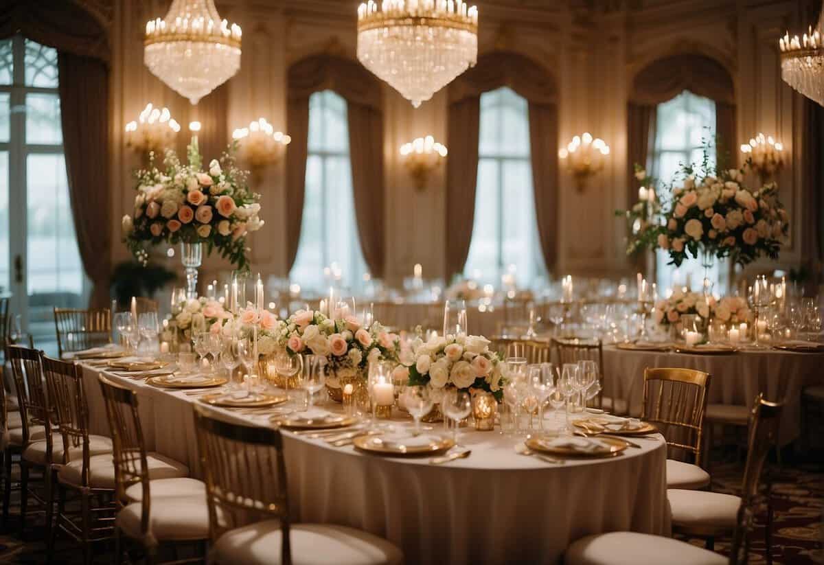 A grand ballroom adorned with cascading florals and opulent chandeliers, set with gold-rimmed china and crystal glassware for an elegant wedding reception