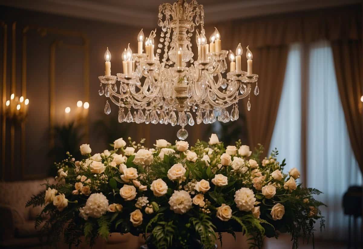 A grand chandelier illuminates a room adorned with lush floral arrangements, soft candlelight, and luxurious seating, creating an elegant and welcoming atmosphere for a wedding celebration