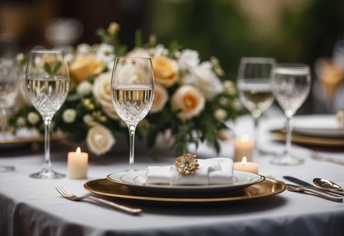 A beautifully set table with delicate floral centerpieces, fine china, and gleaming silverware. A sumptuous multi-course meal is being served by attentive waitstaff in a luxurious and romantic setting