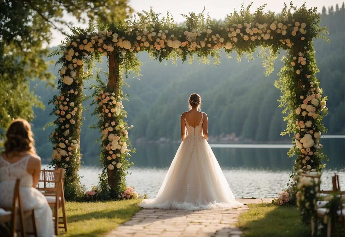 A beautiful outdoor wedding ceremony with a floral arch and fairy lights, surrounded by lush greenery and overlooking a serene lake
