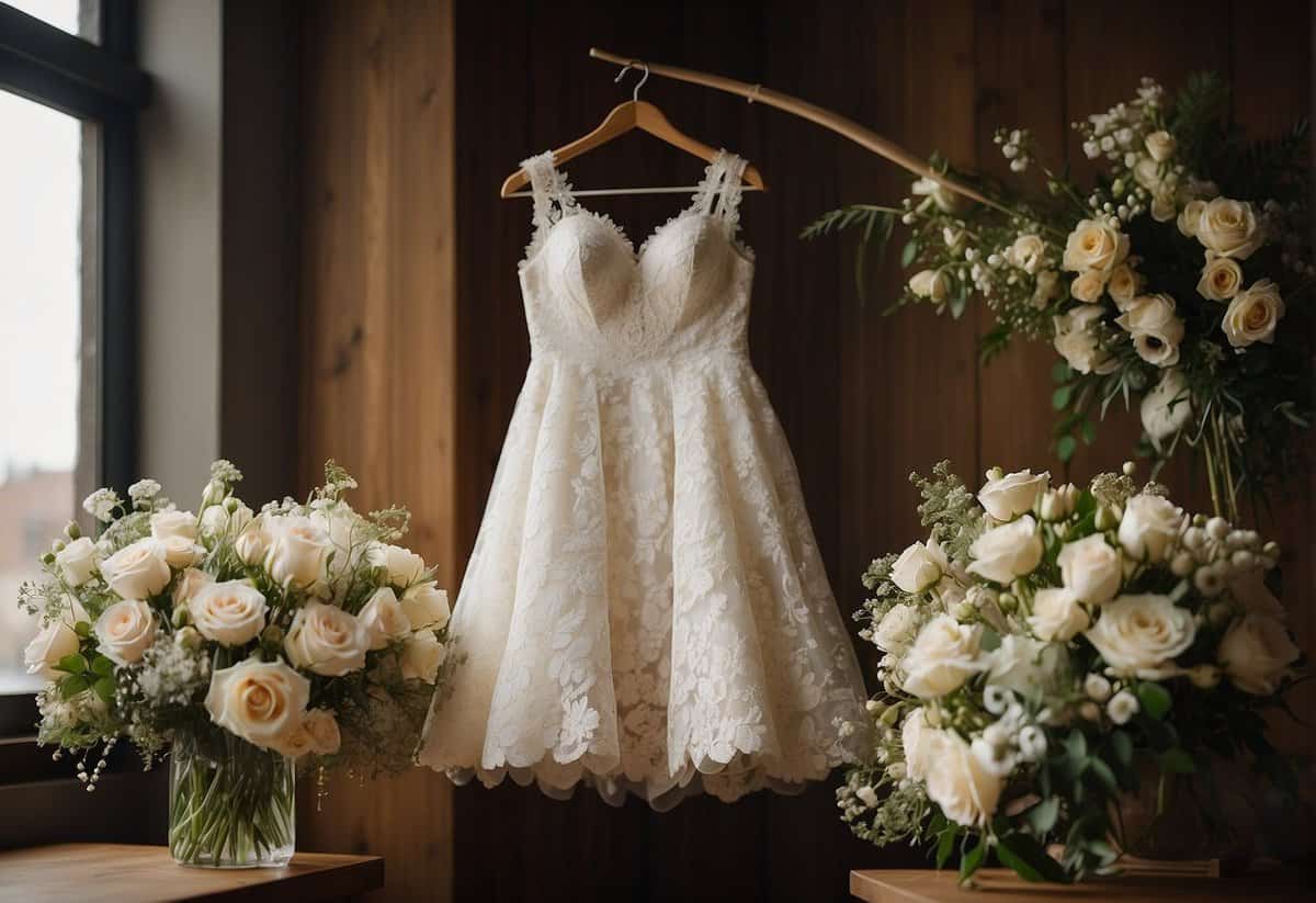 A beautiful white lace wedding dress hangs on a vintage wooden hanger, surrounded by delicate floral bouquets and sparkling jewelry