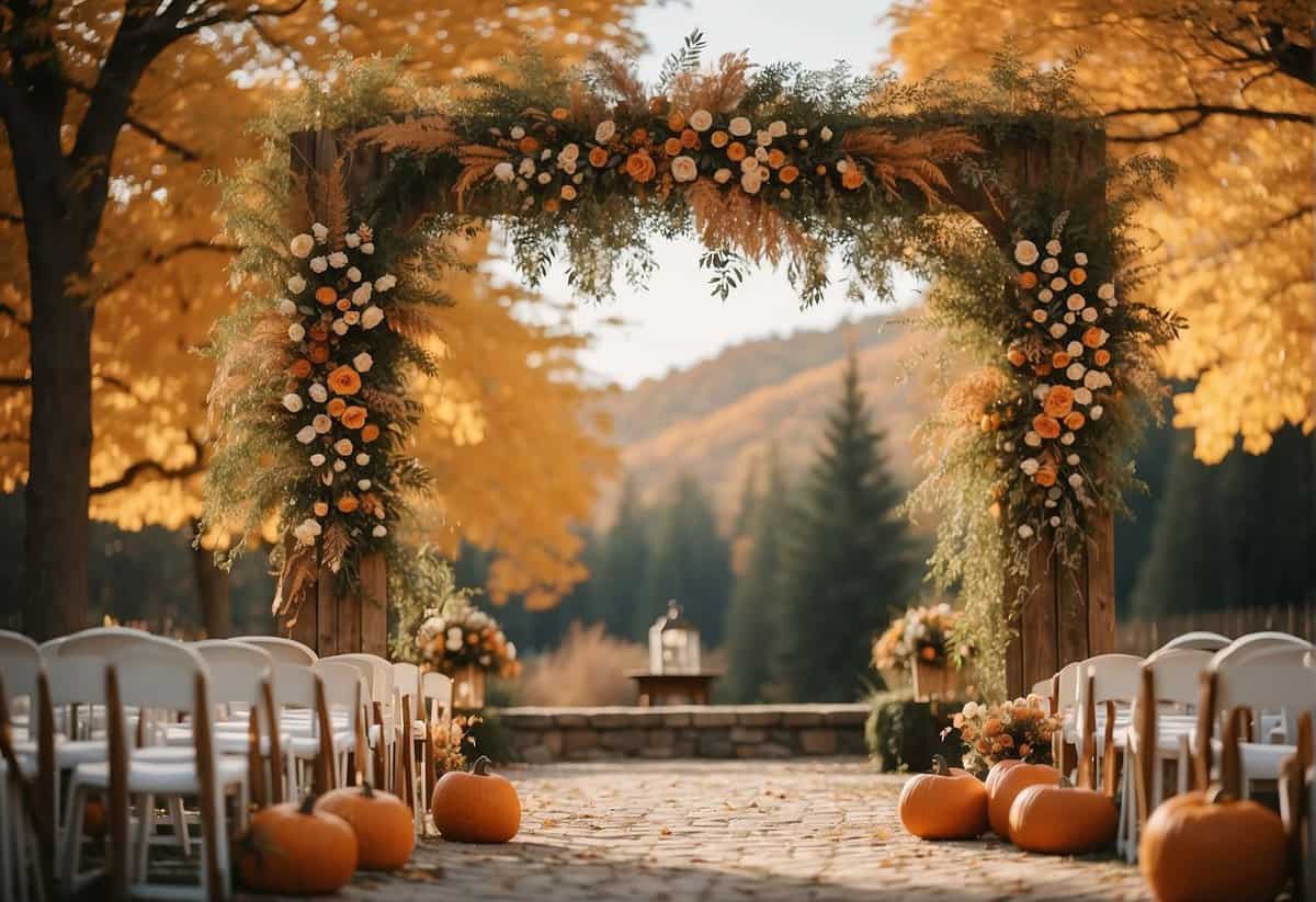 A rustic outdoor wedding with a wooden arch adorned with autumn leaves and flowers. A cozy reception area with warm lighting and fall-themed decor