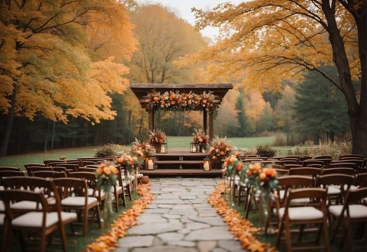 A rustic outdoor wedding ceremony with colorful fall foliage, a cozy reception with warm candlelight, and elegant autumn-themed decor