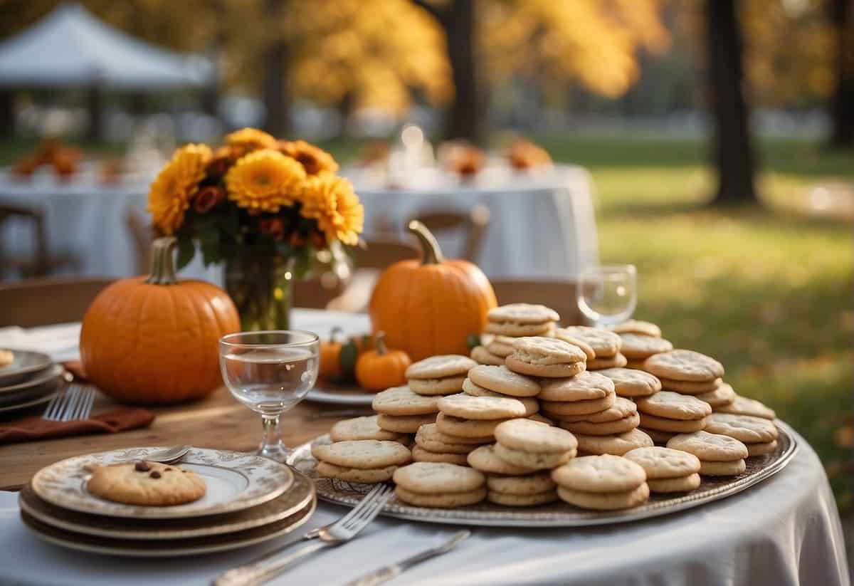 An outdoor autumn wedding reception with a rustic table setting, featuring seasonal catering and favors such as mini pumpkin pies and personalized maple leaf cookies