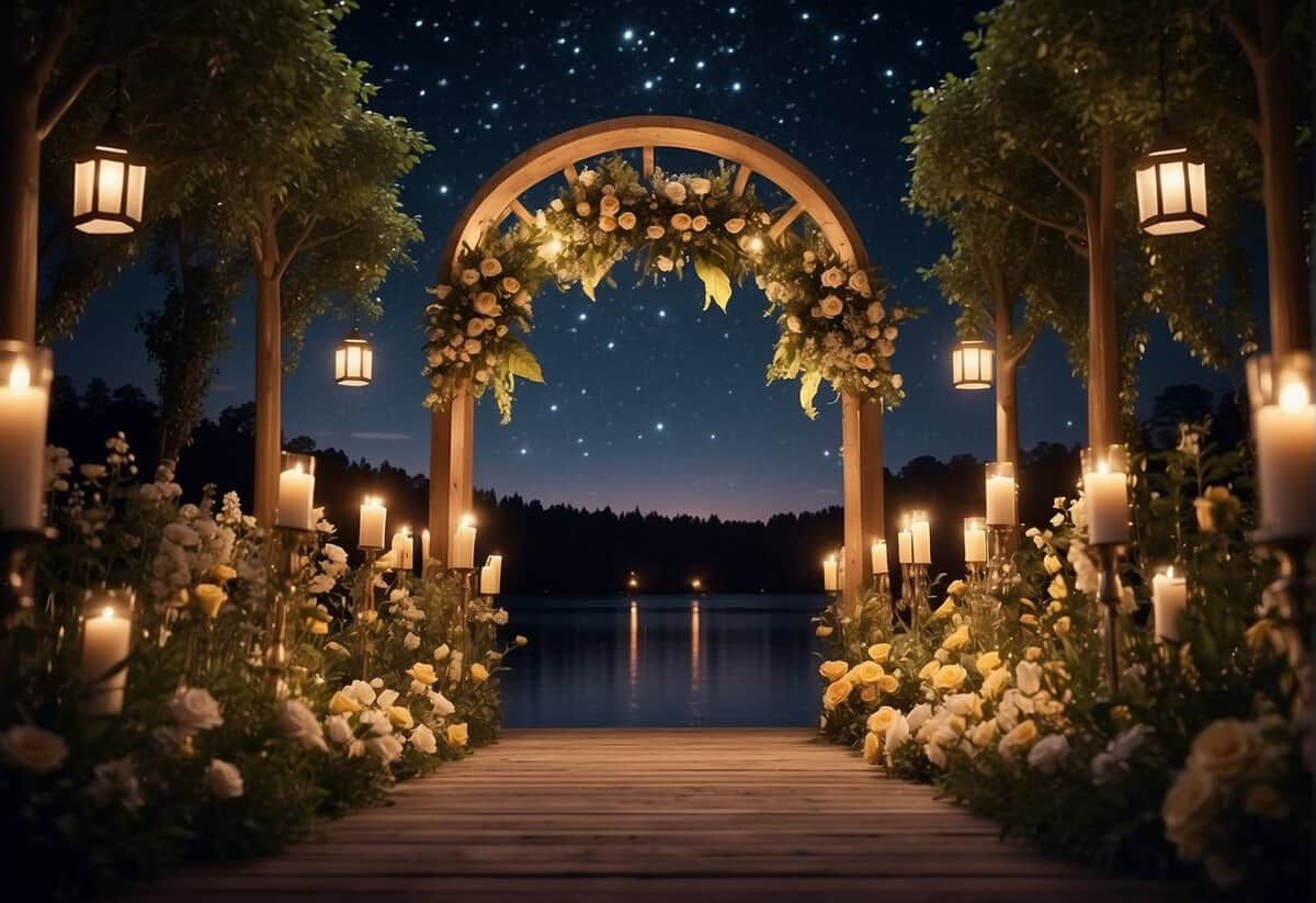 A starry night sky with twinkling lights, a grand archway adorned with flowers, and a romantic outdoor setting with candles and lanterns