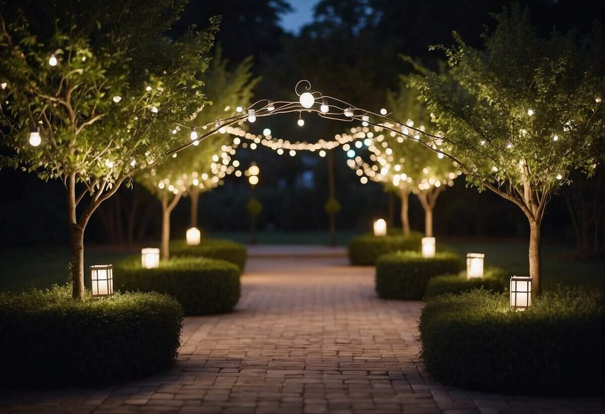 A moonlit garden with twinkling lights and elegant decor sets the stage for a romantic evening wedding