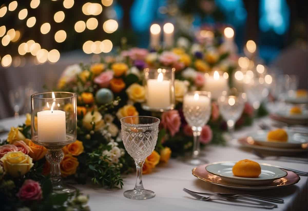 A beautifully decorated wedding banquet table filled with an array of colorful and delectable culinary delights, surrounded by twinkling fairy lights and elegant floral arrangements