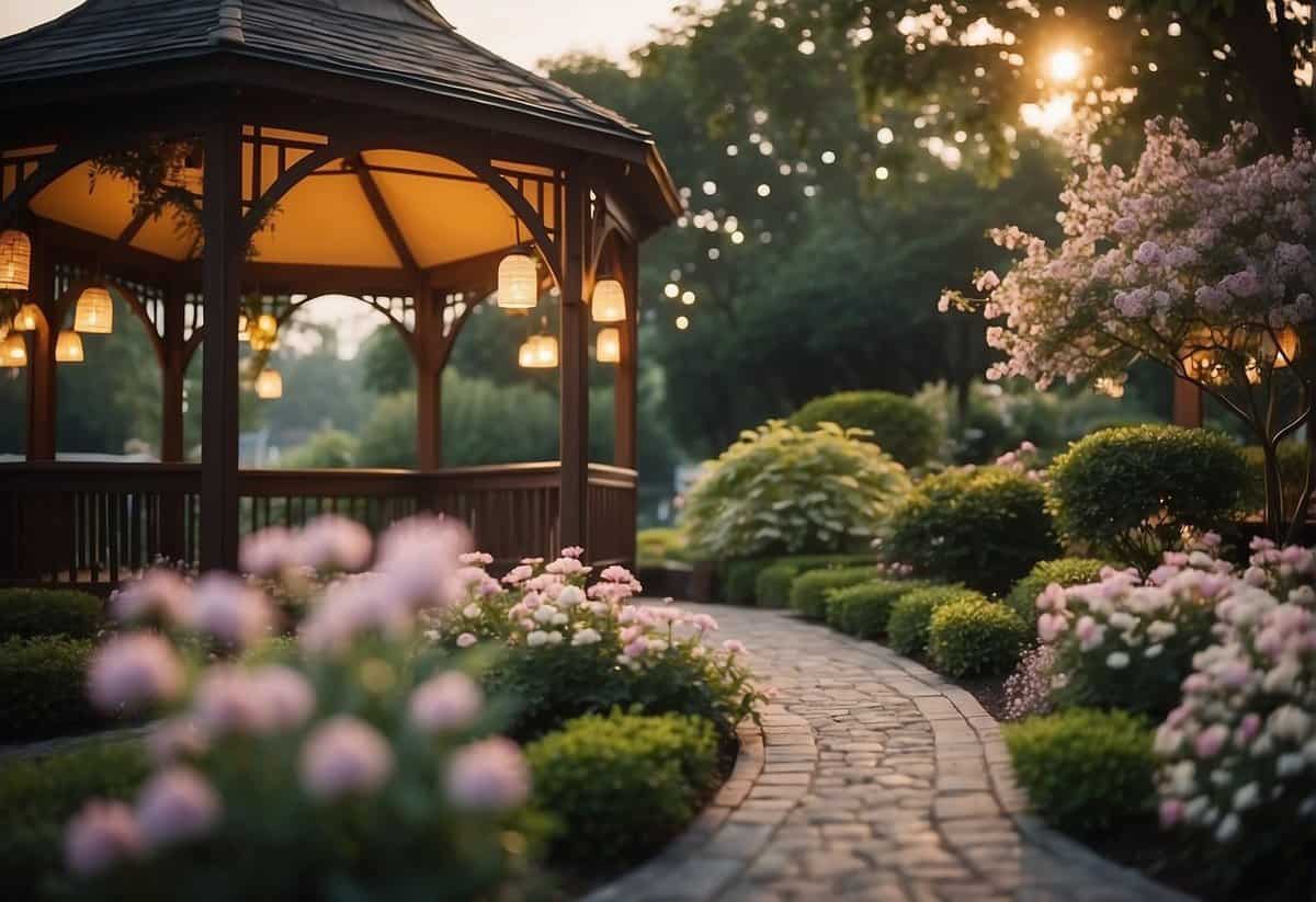 A serene garden with soft, warm lighting, blooming flowers, and a gazebo adorned with twinkling lights. A romantic atmosphere with a hint of dusk setting in
