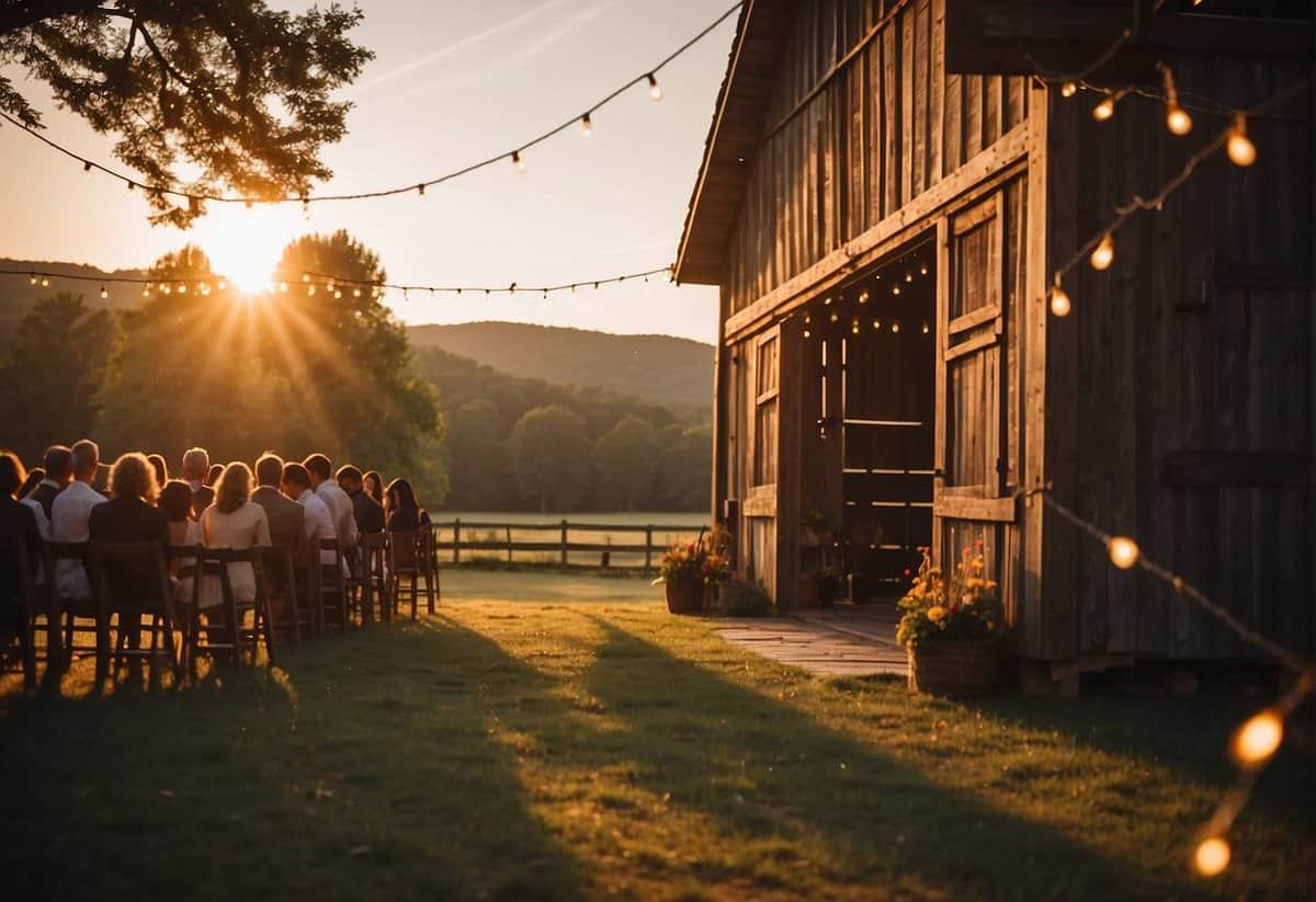 The sun sets behind a rustic barn, casting a warm glow over the outdoor ceremony. String lights twinkle above as guests gather for a romantic twilight wedding
