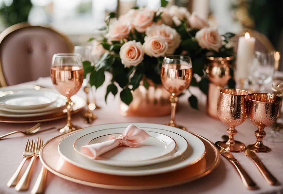 A rose gold wedding table set with elegant plates, cutlery, and centerpieces. Soft pink and metallic accents create a romantic and luxurious atmosphere