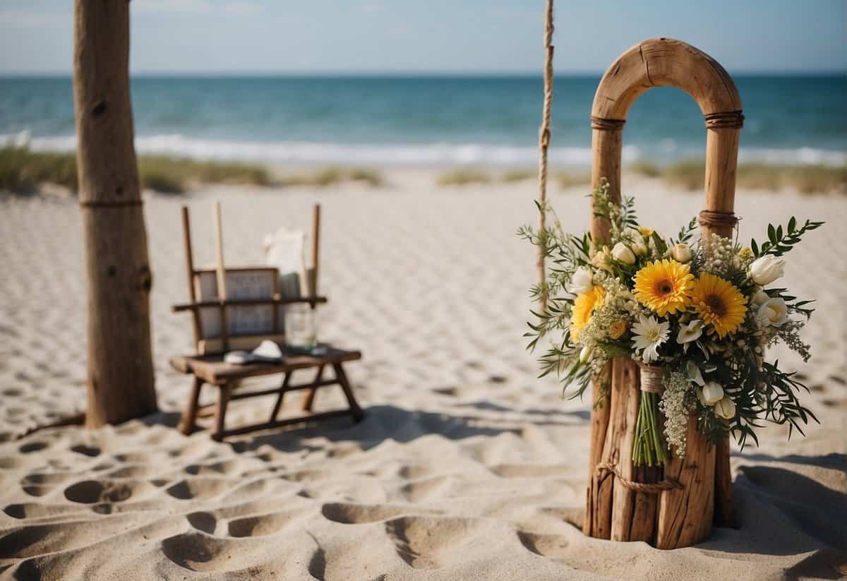 A simple beach altar with driftwood and wildflowers, handmade bunting, and a DIY bamboo arbor for the ceremony