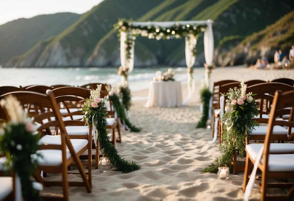 A couple sets up a simple beach wedding venue with handmade decorations and seating, showcasing low-budget DIY ideas for a beautiful ceremony