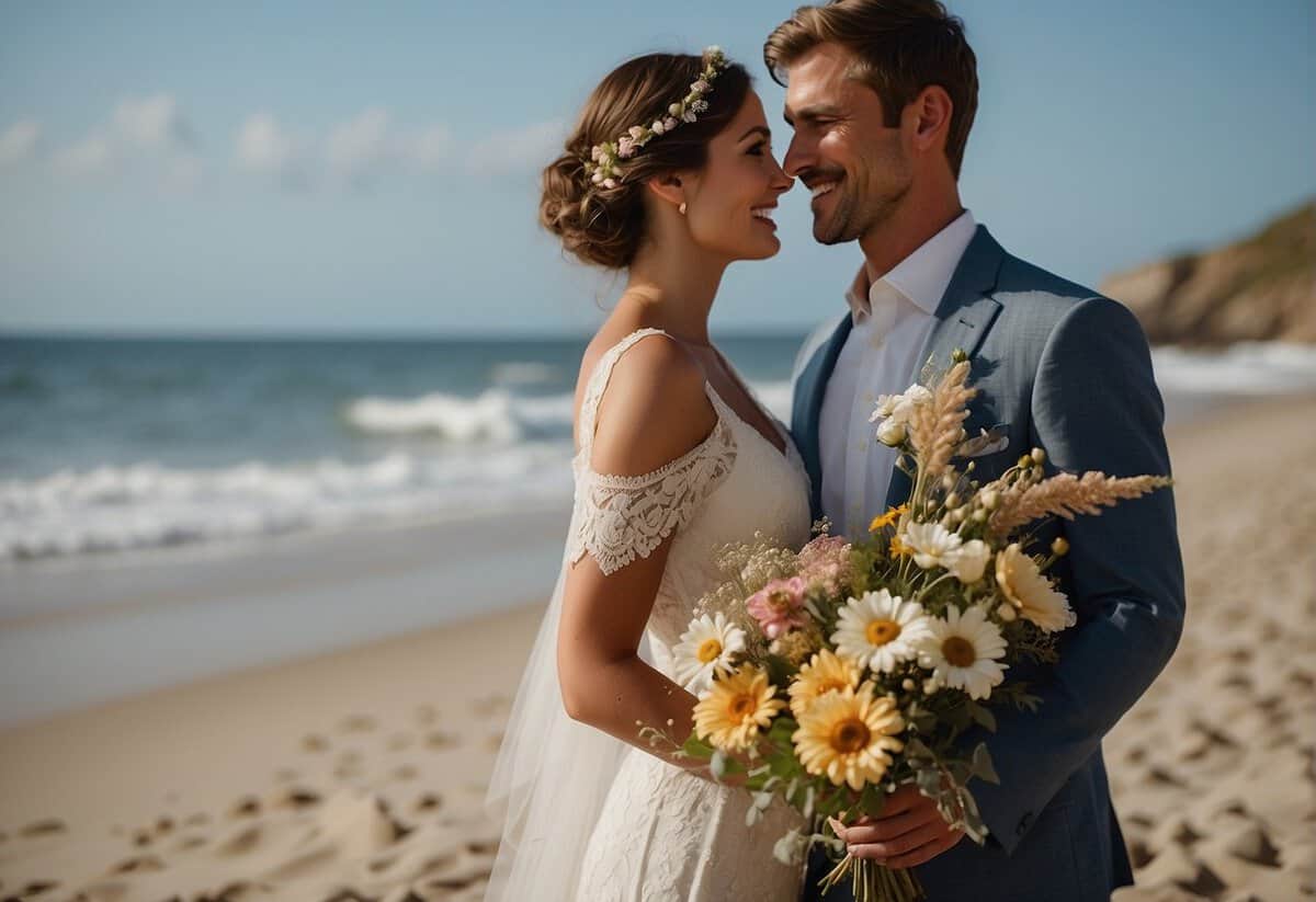 A couple stands on a sandy beach, wearing casual and affordable wedding attire. The bride holds a bouquet of wildflowers, while the groom sports a simple linen suit. In the background, the ocean waves gently crash against the shore