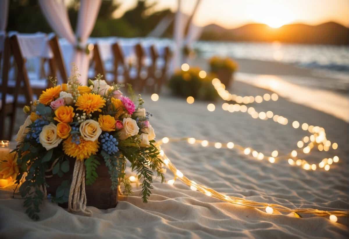 A sandy beach with handmade decorations, string lights, and colorful fabric drapes for a budget-friendly wedding ceremony and reception