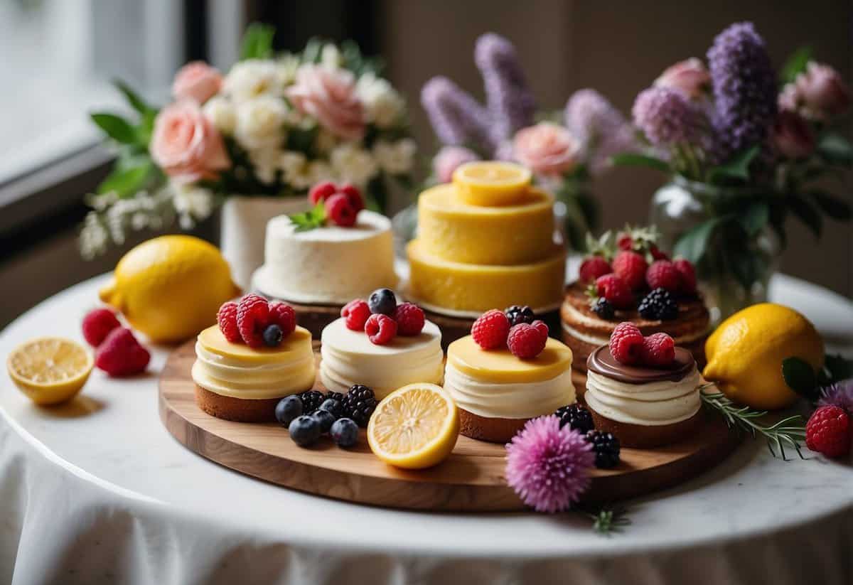 A table adorned with a variety of wedding cake flavors: lemon raspberry, coconut cream, lavender honey, and chocolate hazelnut. Surrounding the cakes are fresh flowers, fruits, and herbs, adding a touch of seasonal inspiration