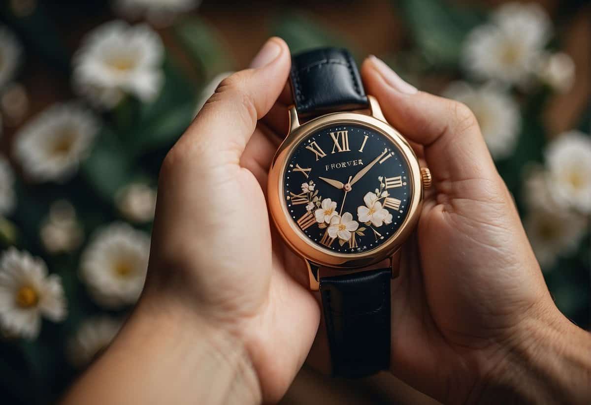 A hand holding a watch with "Forever and Always" engraved on the back, surrounded by delicate floral motifs and wedding date