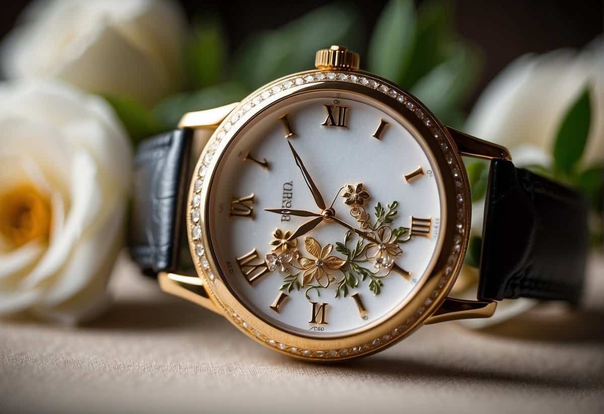 A beautifully decorated wedding watch with "Forever and Always" engraved on the back, surrounded by delicate floral motifs