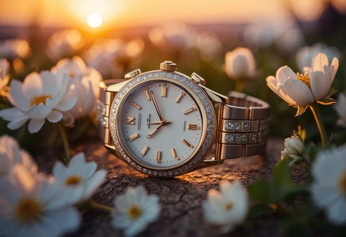 A watch with "Timeless Love" engraved on it, surrounded by blooming flowers and a glowing sunset