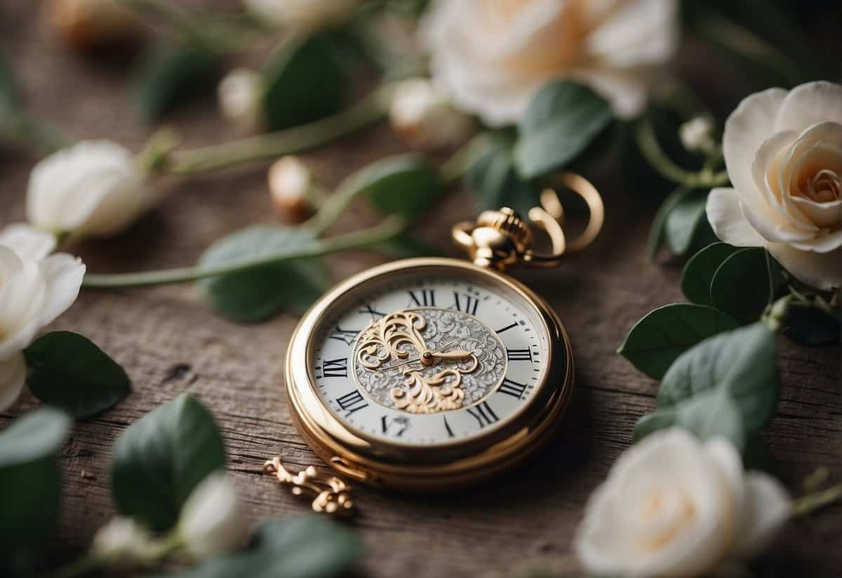 A wedding watch with "forever and always" engraved on the back, surrounded by delicate floral patterns and intertwined initials