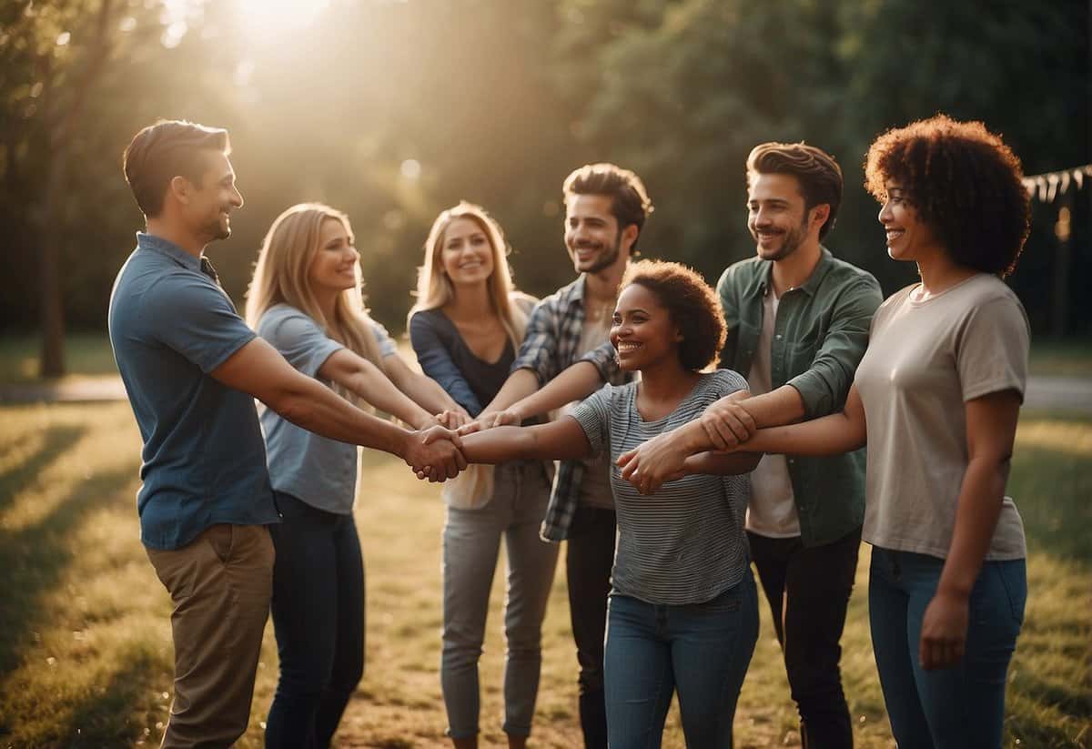 A group of friends and family gather in a circle, holding hands and smiling, showing their appreciation for love and friendship