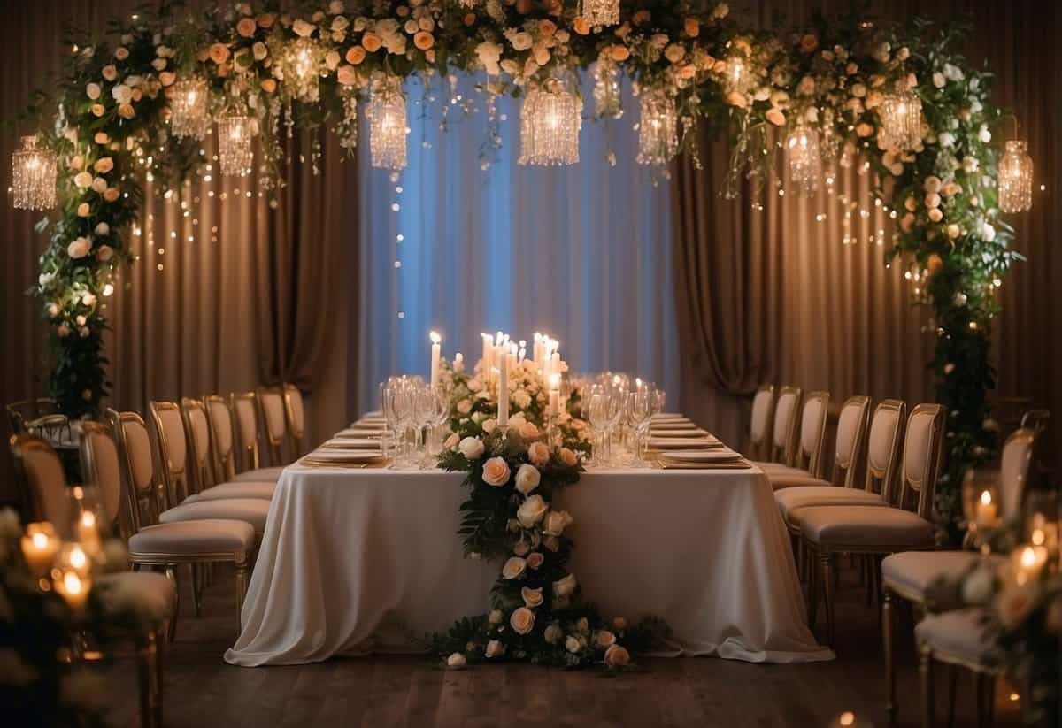 A grand banquet table adorned with elegant floral centerpieces and sparkling candlelight, surrounded by ornate chairs and set against a backdrop of twinkling fairy lights and draping fabric
