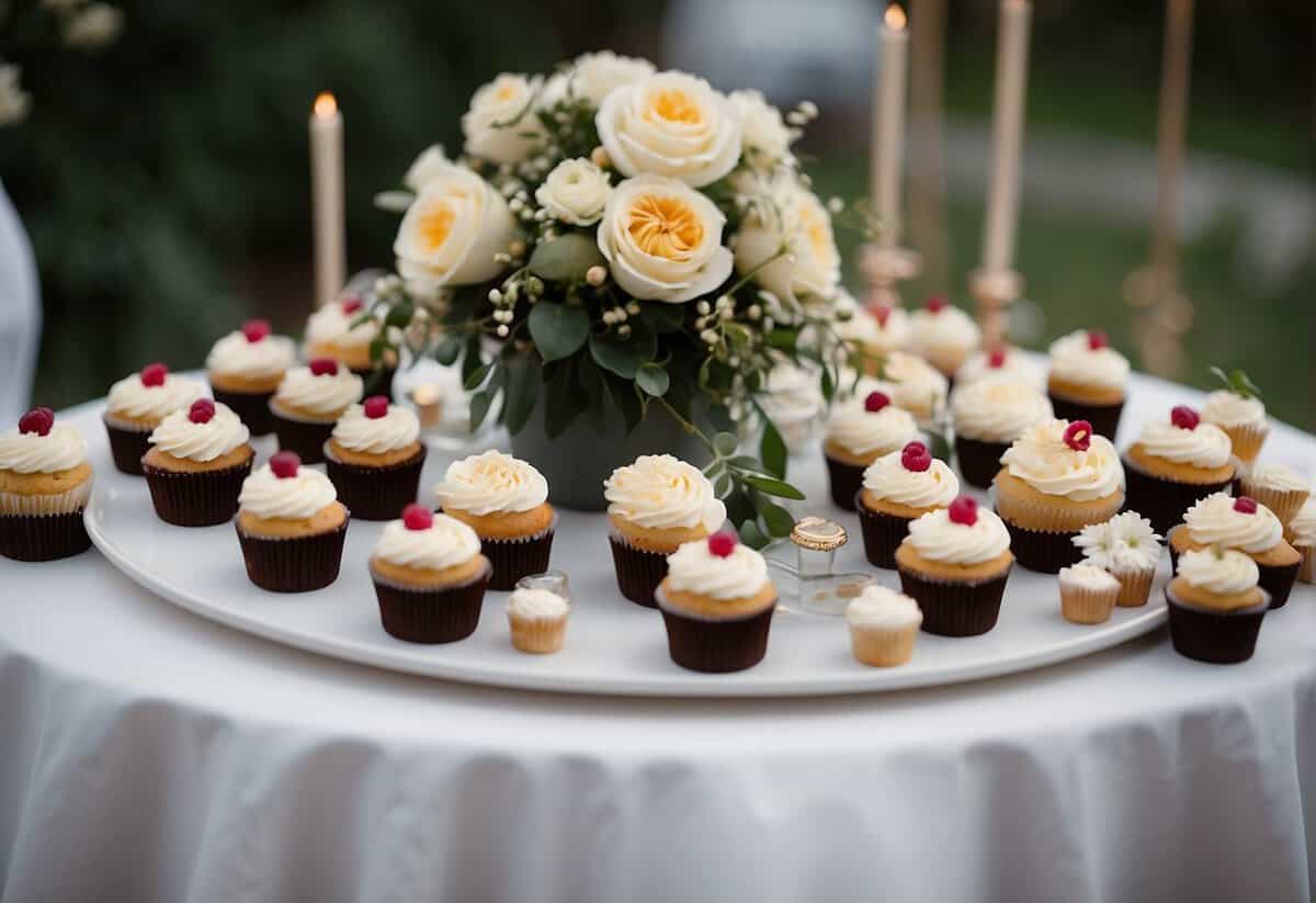 A table adorned with an assortment of beautifully decorated wedding cupcakes in various flavors and designs, surrounded by delicate floral arrangements and elegant table settings