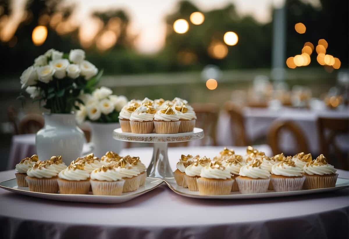 A table adorned with elegant wedding cupcakes in coordinating colors and designs, reflecting the couple's chosen wedding theme