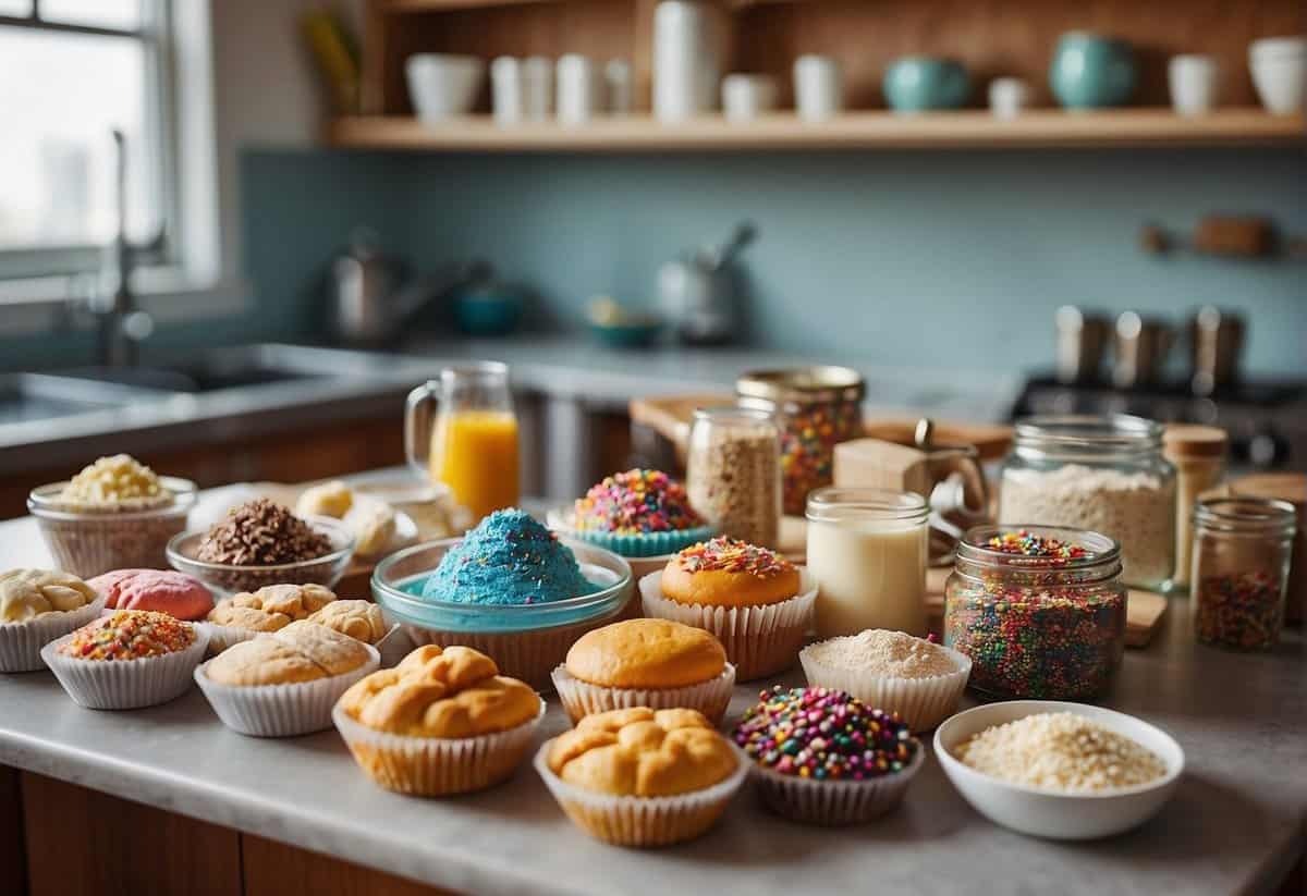 A kitchen counter filled with assorted baking ingredients and tools, including piping bags, sprinkles, and colorful cupcake liners