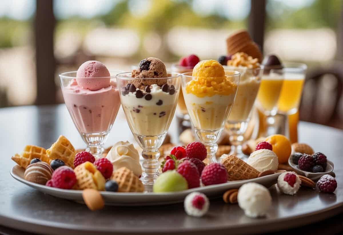 A table adorned with an array of gourmet ice cream flavors and an assortment of decadent toppings, surrounded by elegant glassware filled with sparkling beverages