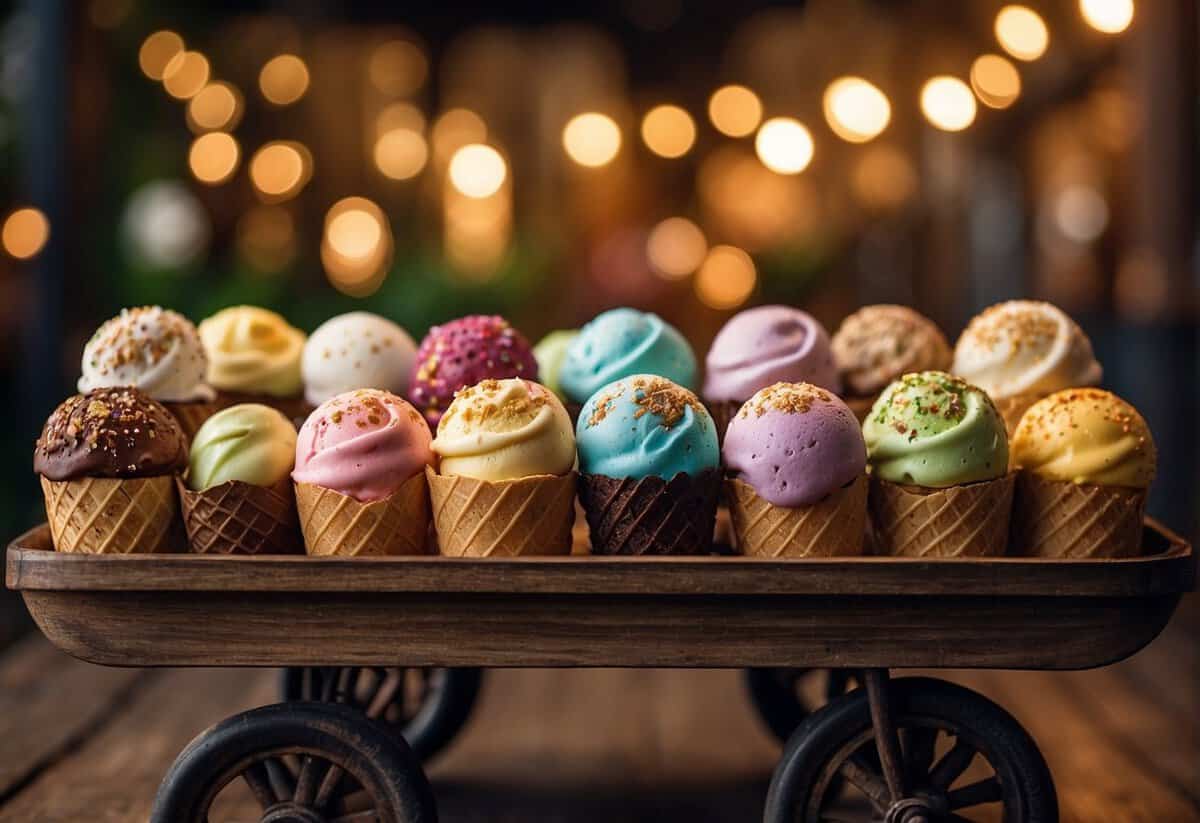 A colorful array of gourmet ice cream bars displayed on a rustic wooden cart, surrounded by twinkling lights and floral decorations