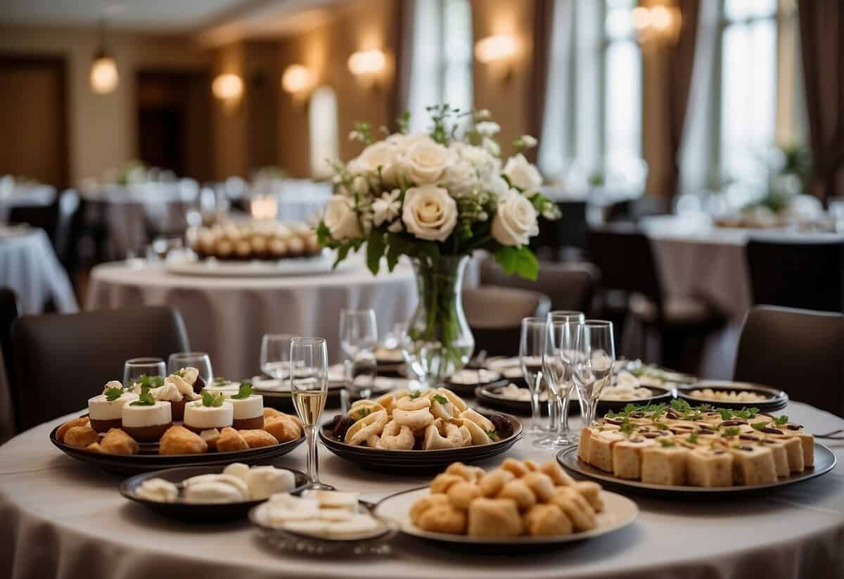 A beautifully decorated reception area with small, intimate tables and elegant place settings. A catering table displays an array of delicious bite-sized appetizers and desserts