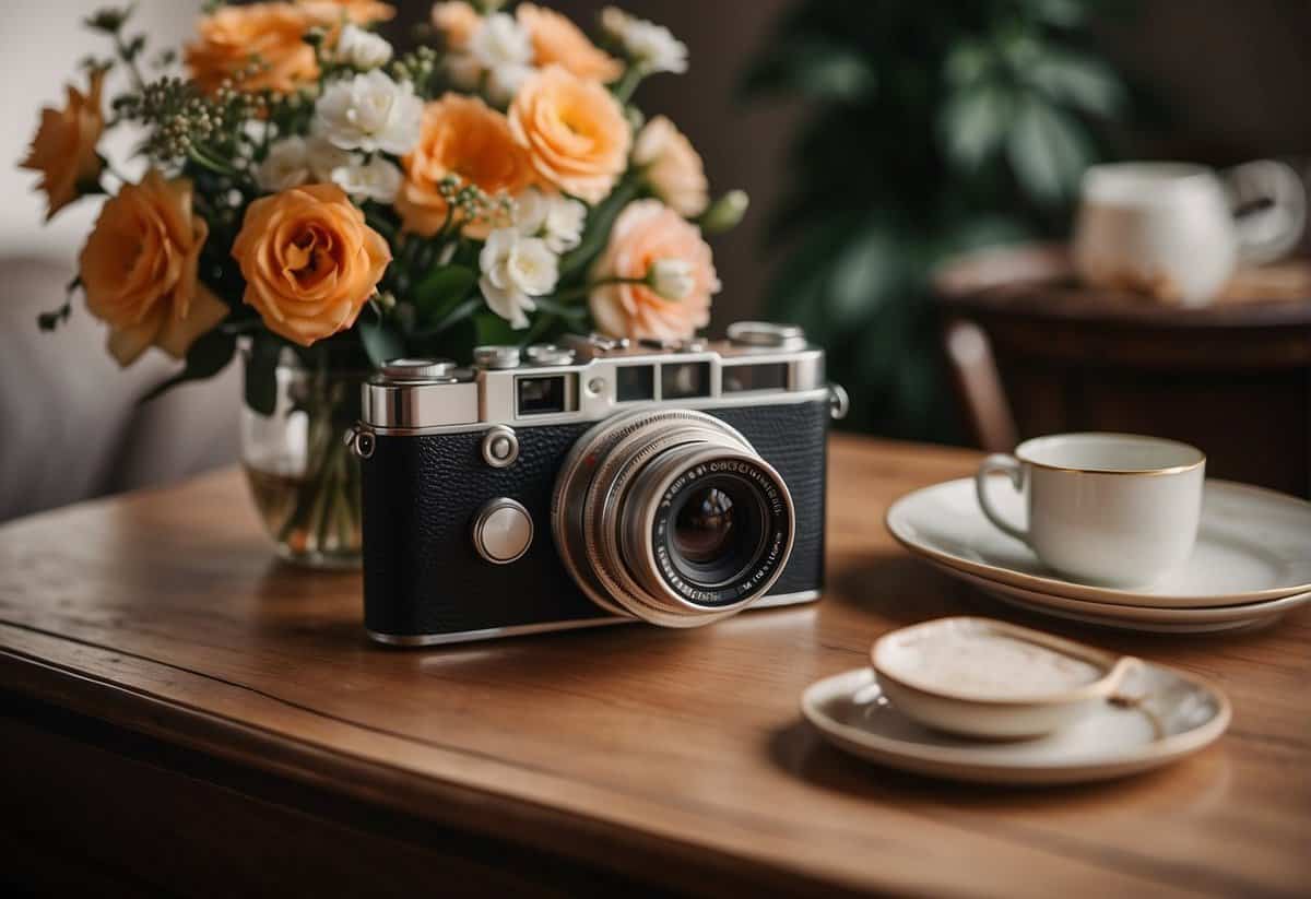 A table set with vintage cameras, photo albums, and a bouquet of flowers. Soft lighting and a cozy atmosphere create an intimate setting for a micro wedding