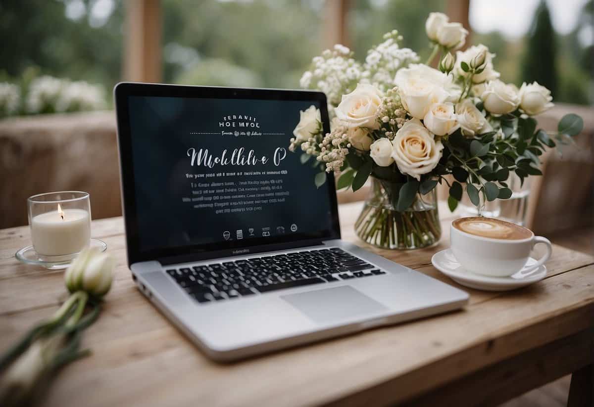 A computer screen with a wedding-themed email address list, surrounded by wedding decor and a bouquet