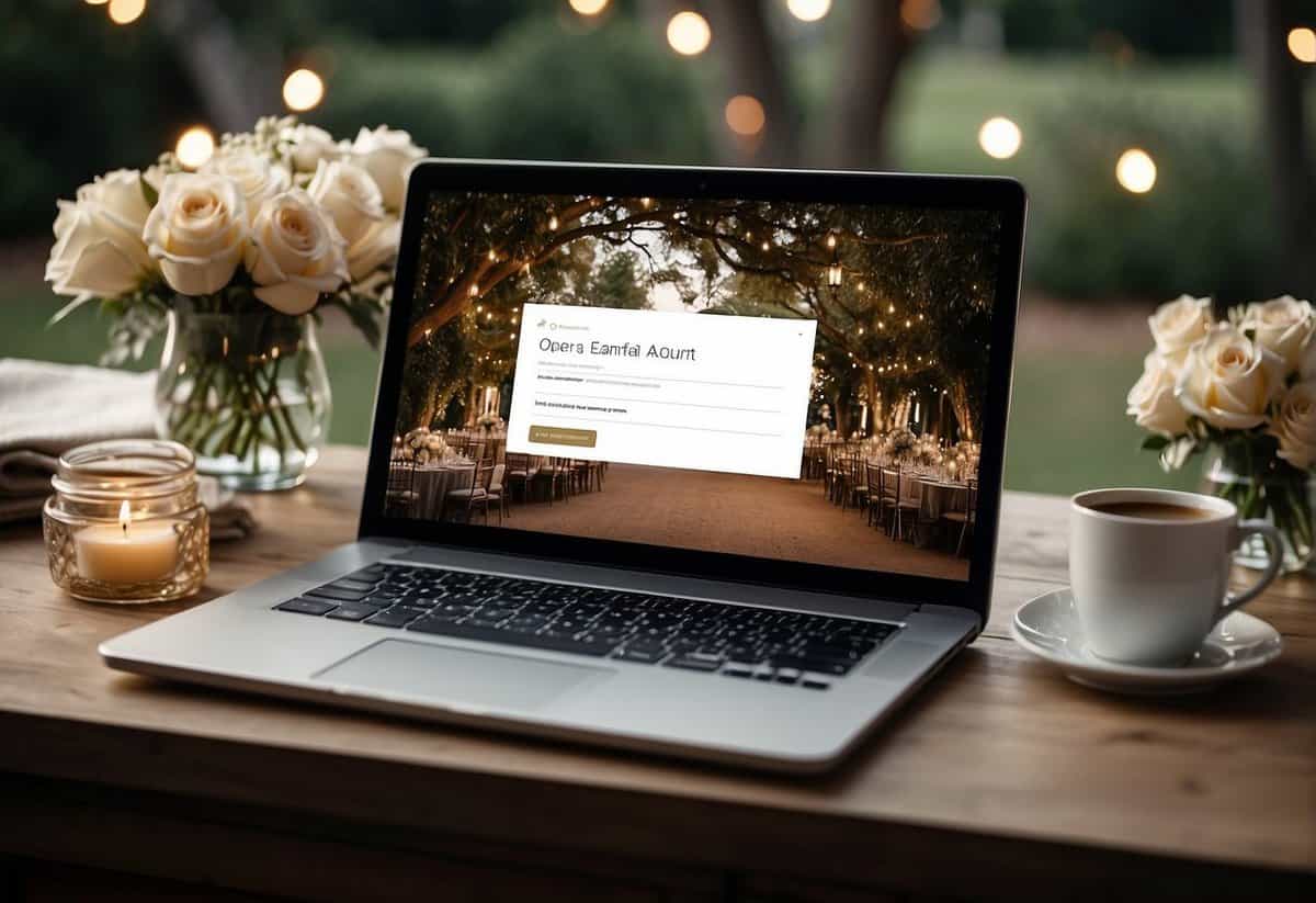 A laptop open to a wedding email account, with various wedding email address ideas displayed on the screen