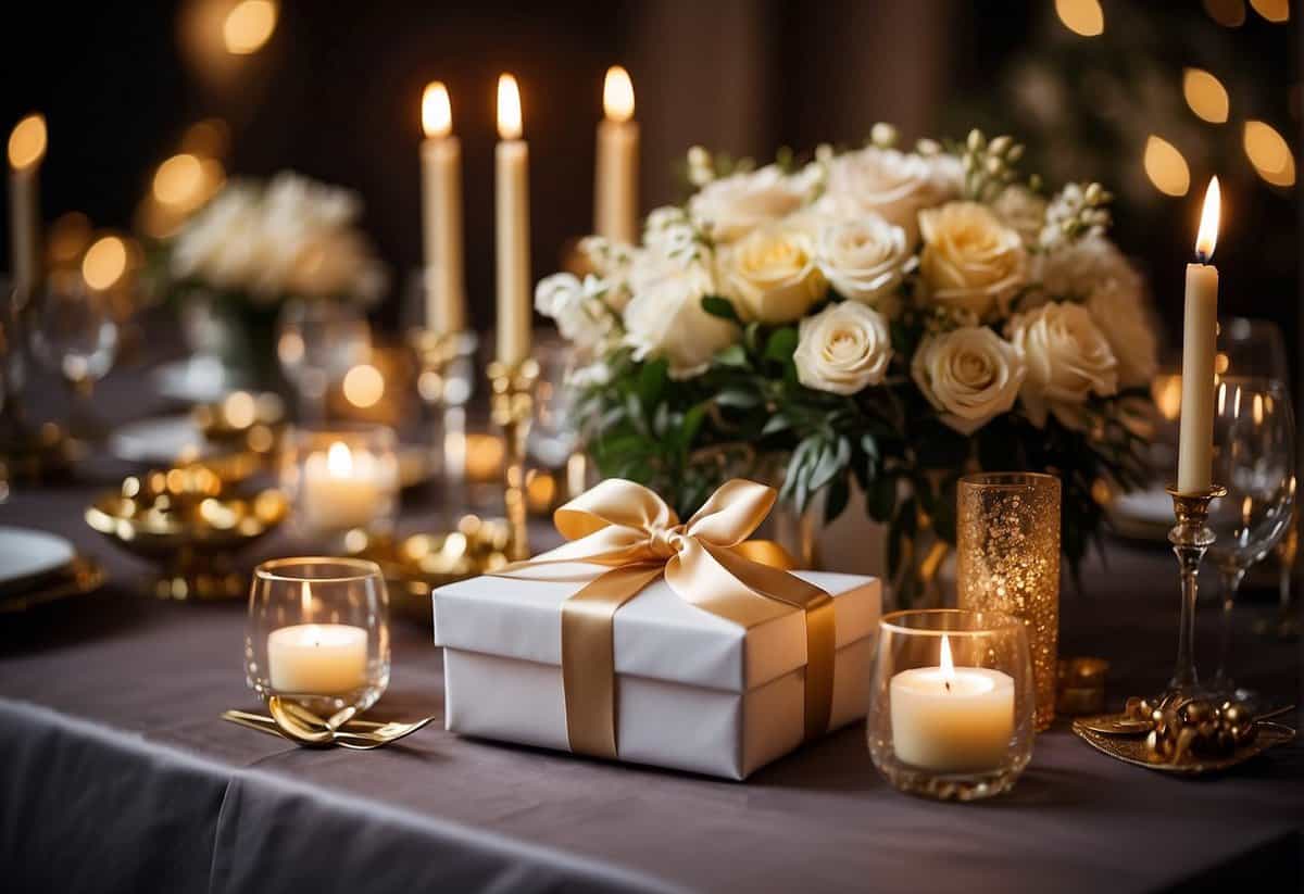 A table adorned with elegant gift boxes, wrapped in shimmering paper and delicate ribbons, surrounded by floral arrangements and glowing candlelight