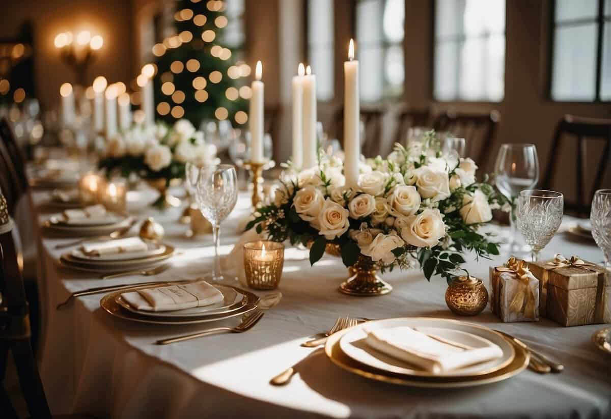 A table adorned with elegant gift options, including fine china, luxurious linens, and personalized keepsakes. Guests mingle, admiring the display and imagining the joy their chosen gift will bring to the happy couple