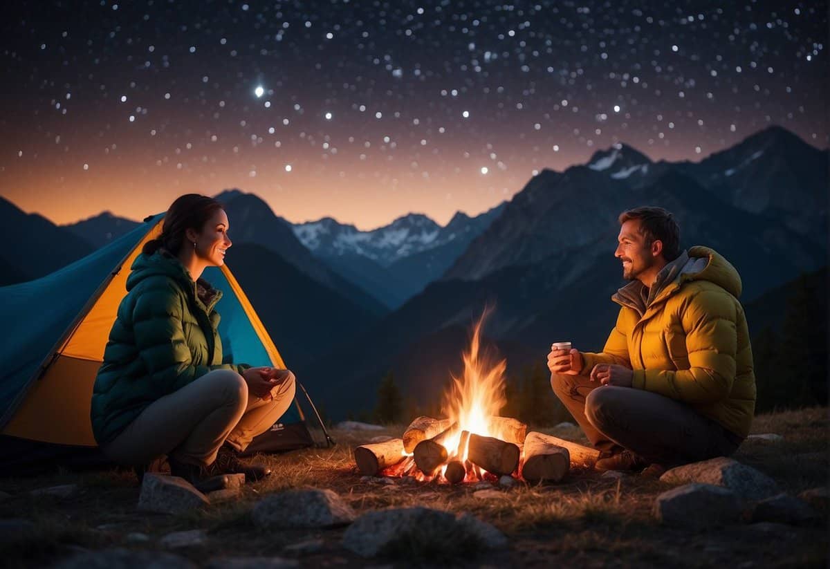 A couple camping under the stars, surrounded by mountains and a glowing campfire
