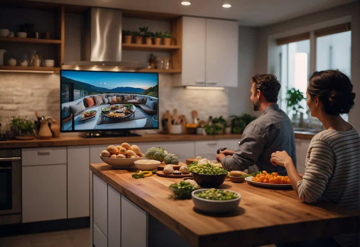 A cozy living room with a couple enjoying a virtual cooking class on a large screen, surrounded by a selection of gourmet ingredients and kitchen tools