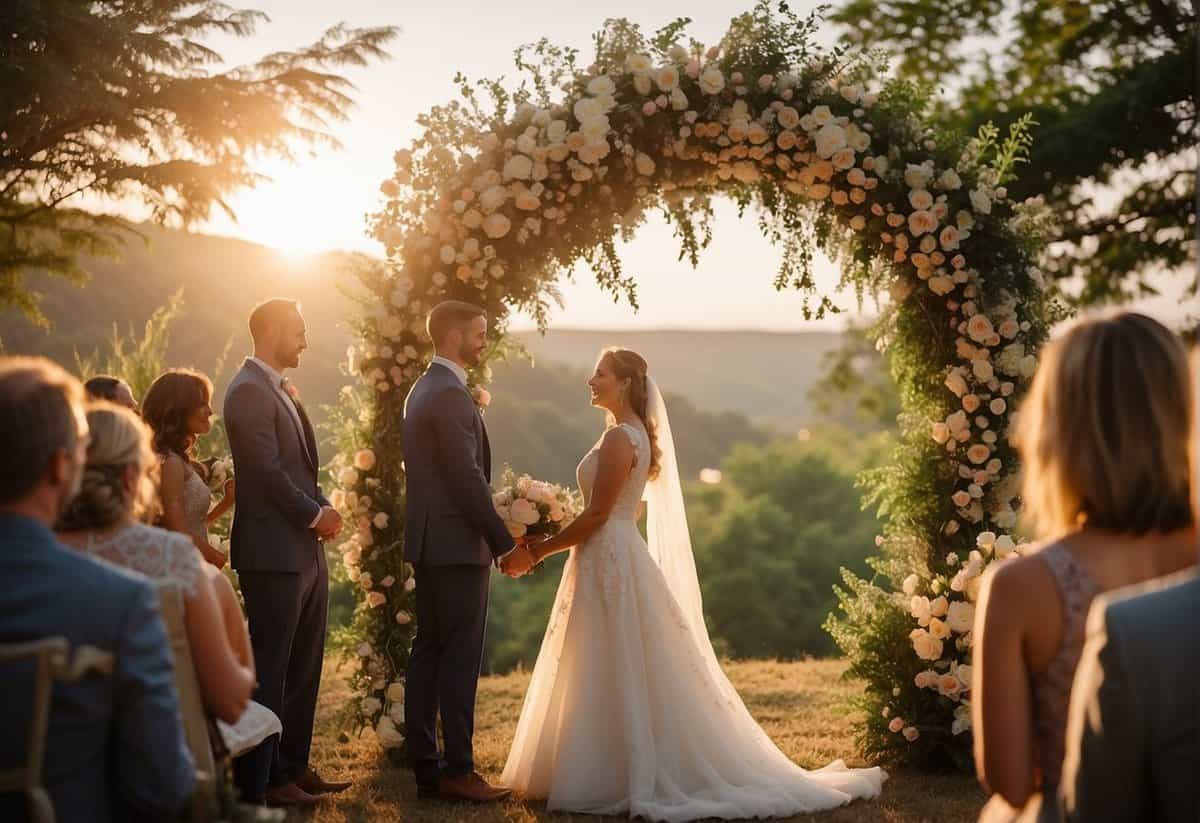 A couple exchanging vows under a floral arch, surrounded by loved ones. A picturesque setting with a sunset casting a warm glow over the scene