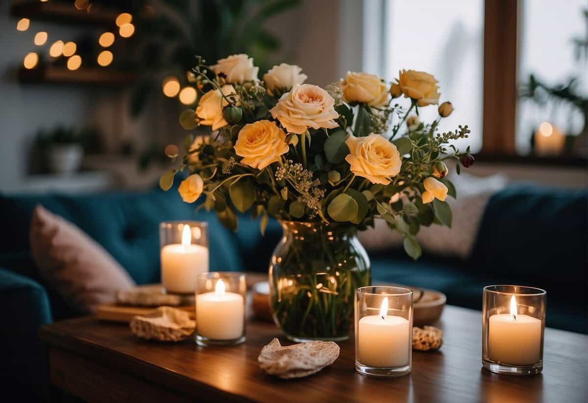 A cozy living room with a simple altar, string lights, and floral arrangements. A small table set for an intimate dinner